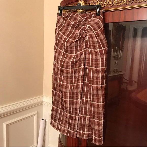 Zara Checkered print chiffon crinkle effect midi skirt with front slit Sz.XS - Picture 8 of 11